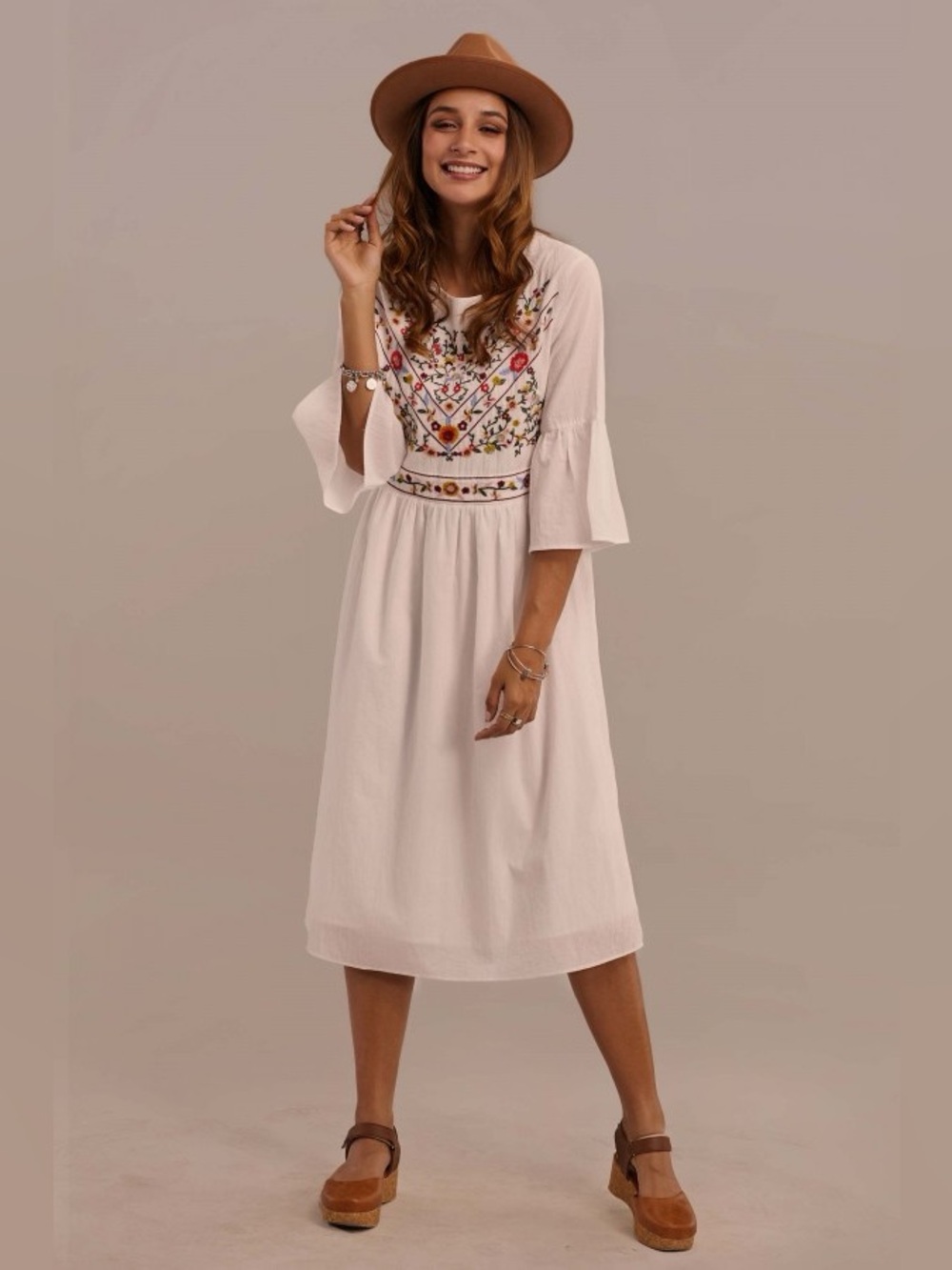 Petallush White Midi Dress with Multicolor Floral Embroidery